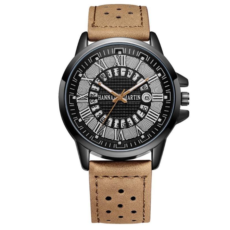 Mote Uformelle Romertall Creative Dial Dato Vis Lærreim Menn Quartz Watch