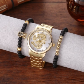 Rustfritt Stål Dragon Pattern Herre Business Watch Dekorert Pointer Quartz Watch Armbånd