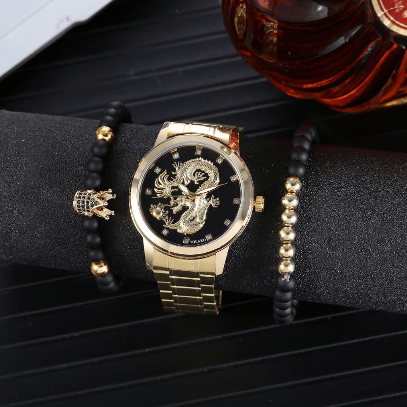 Rustfritt Stål Dragon Pattern Herre Business Watch Dekorert Pointer Quartz Watch Armbånd