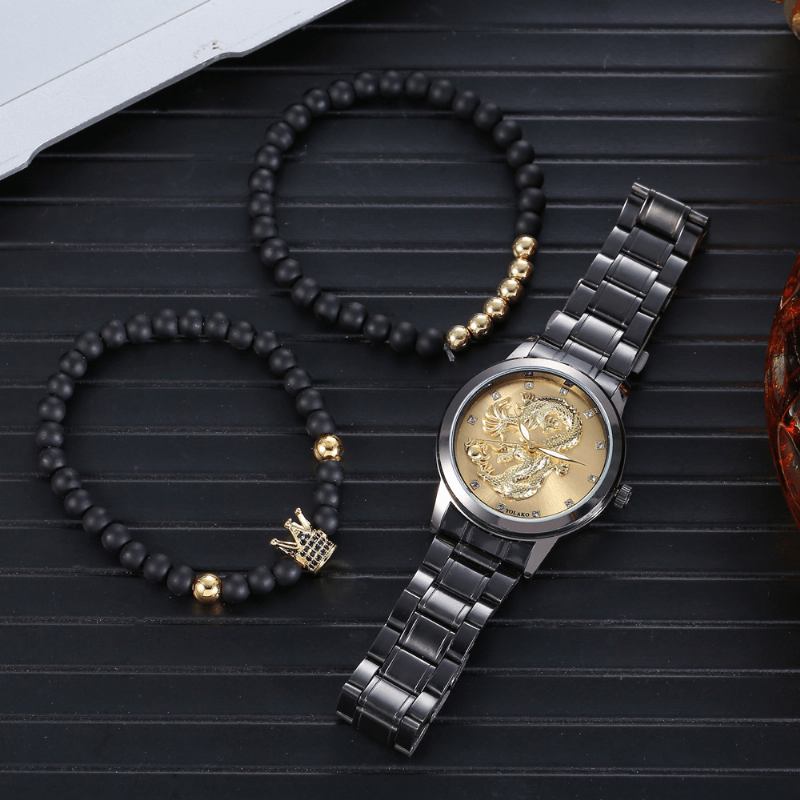 Rustfritt Stål Dragon Pattern Herre Business Watch Dekorert Pointer Quartz Watch Armbånd