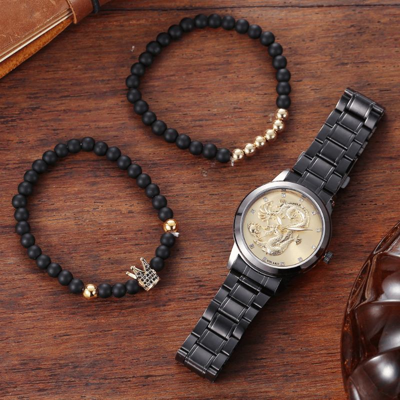 Rustfritt Stål Dragon Pattern Herre Business Watch Dekorert Pointer Quartz Watch Armbånd