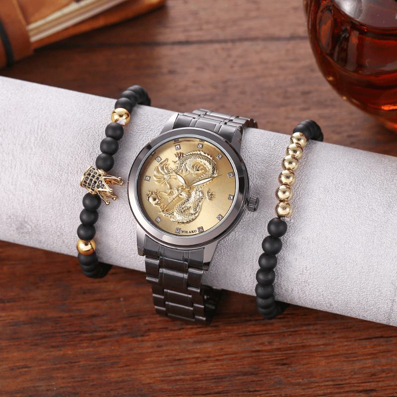 Rustfritt Stål Dragon Pattern Herre Business Watch Dekorert Pointer Quartz Watch Armbånd