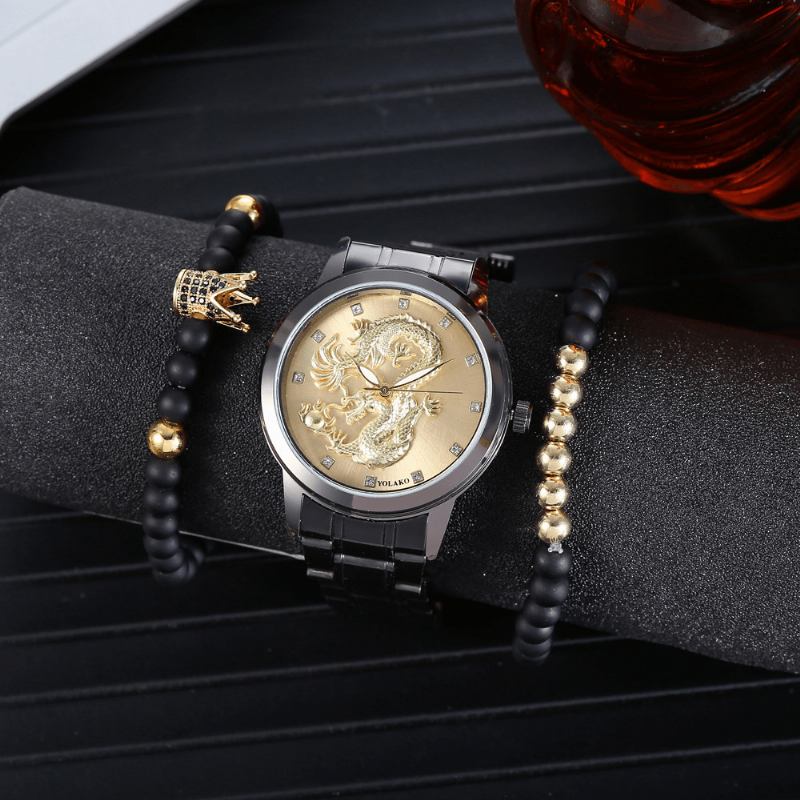 Rustfritt Stål Dragon Pattern Herre Business Watch Dekorert Pointer Quartz Watch Armbånd