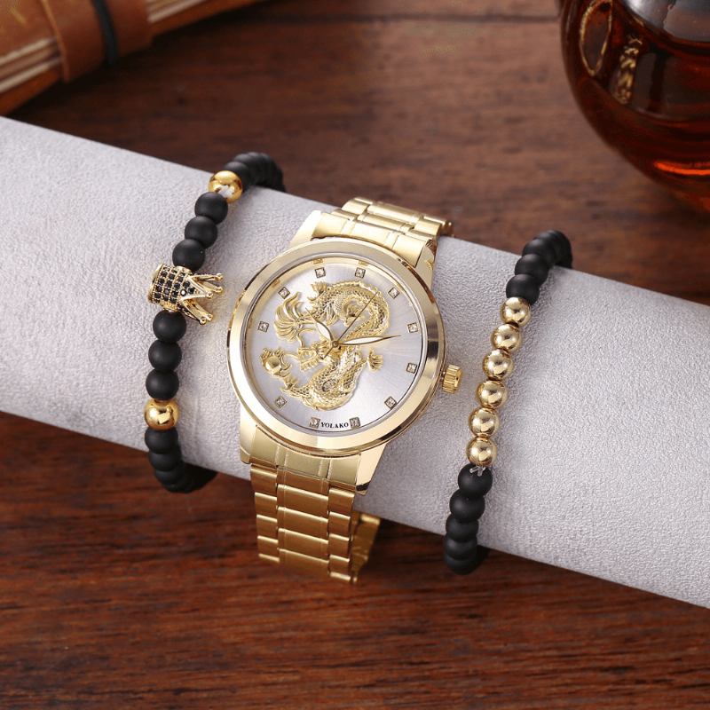 Rustfritt Stål Dragon Pattern Herre Business Watch Dekorert Pointer Quartz Watch Armbånd