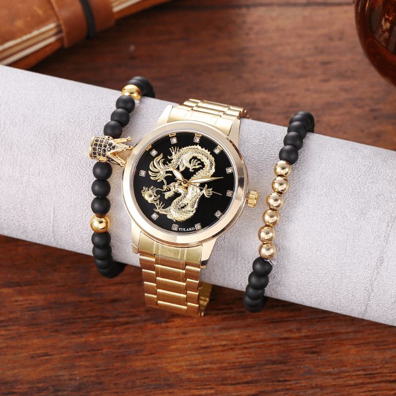 Rustfritt Stål Dragon Pattern Herre Business Watch Dekorert Pointer Quartz Watch Armbånd