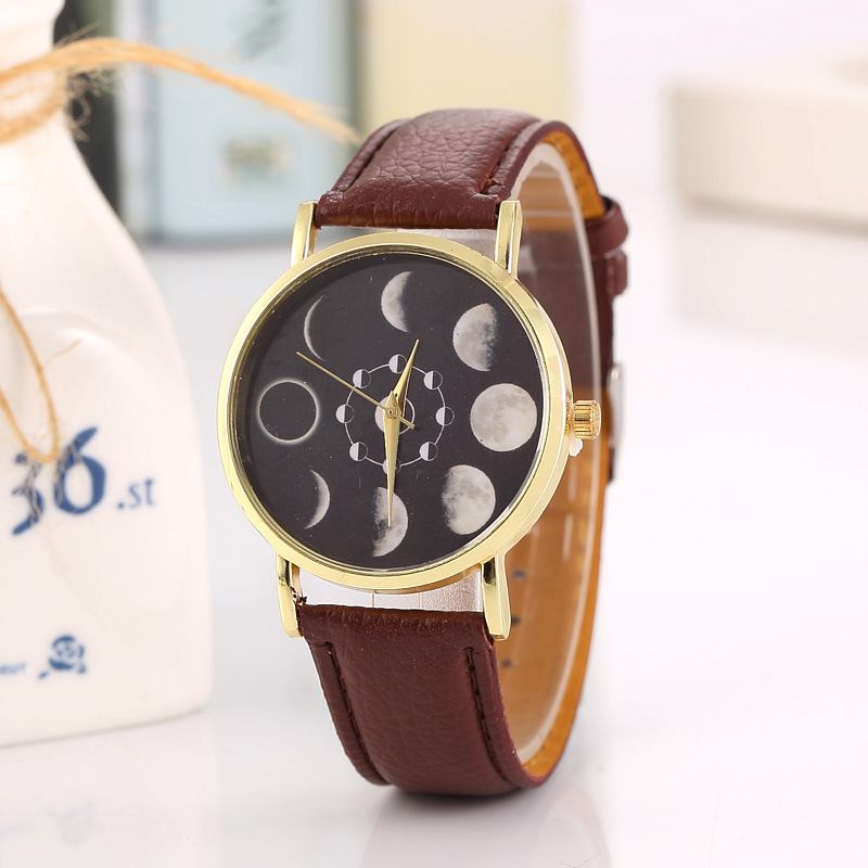 Solar Moon Phase Lunar Eclipse Unisex Watch Leather Strap Quartz Watch For Dame Men