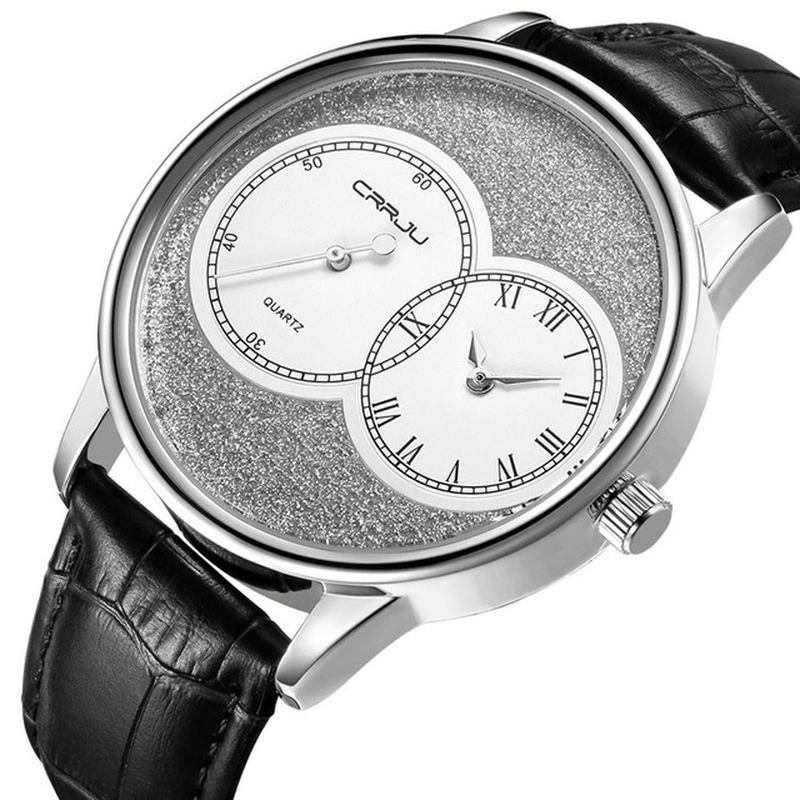 To Dial Display Menn Armbåndsur Fritids Style Leather Strap Quartz Watch