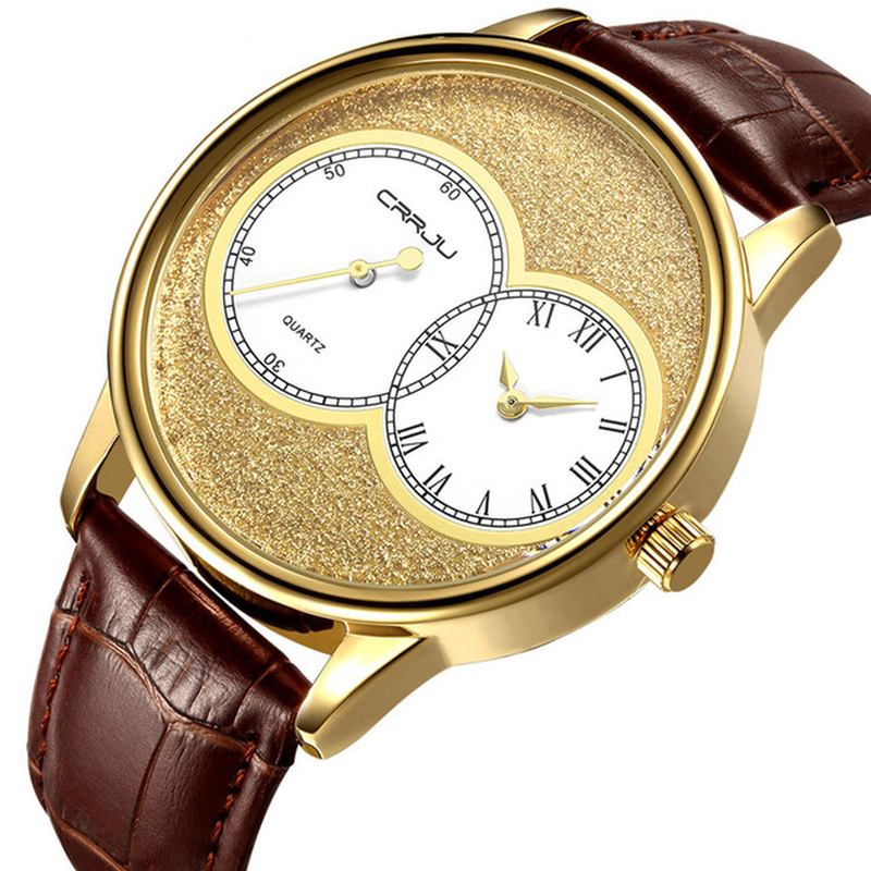 To Dial Display Menn Armbåndsur Fritids Style Leather Strap Quartz Watch