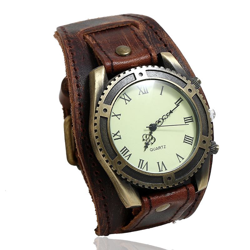 Vintage Cow Leather Armbånd Watch Justerbar Stropp Romertall Menn Quartz Watch