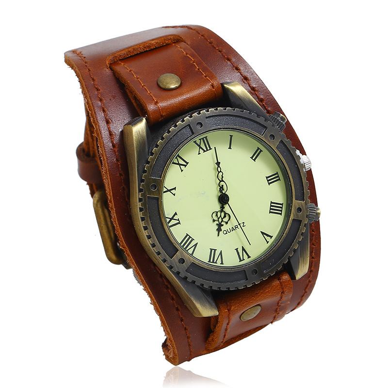 Vintage Cow Leather Armbånd Watch Justerbar Stropp Romertall Menn Quartz Watch