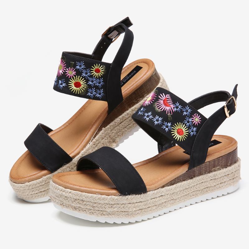 Dame Espadrilles Broderi Blomster Spenne Strap Slingback Platform Sandaler