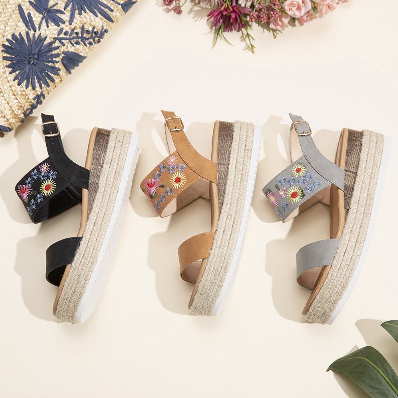 Dame Espadrilles Broderi Blomster Spenne Strap Slingback Platform Sandaler