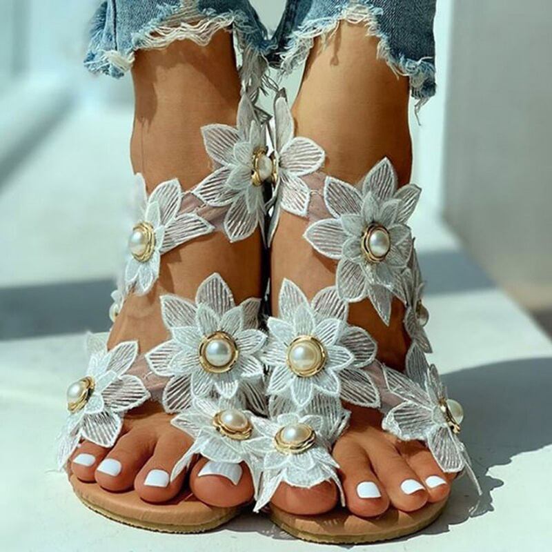 Kvinner Blomstrete Decro Bohemia Beading Slip På Fritids Holiday Beach Flat Sandaler