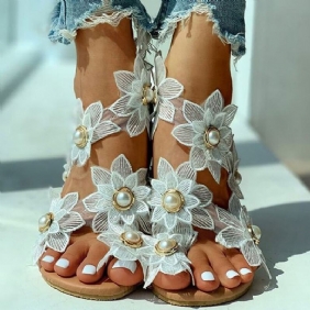 Kvinner Blomstrete Decro Bohemia Beading Slip På Fritids Holiday Beach Flat Sandaler