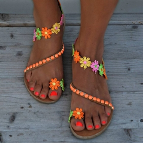 Kvinner Bohemian Blomstrete Decoration Bead Slip On Clip Toe Sommer Beach Flat Sandaler