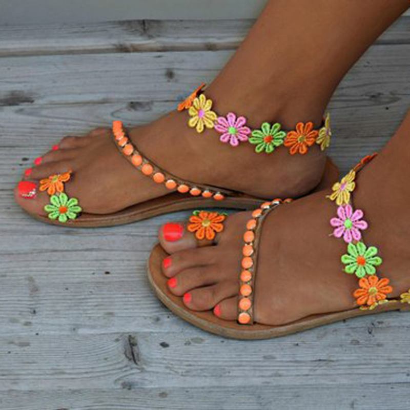 Kvinner Bohemian Blomstrete Decoration Bead Slip On Clip Toe Sommer Beach Flat Sandaler