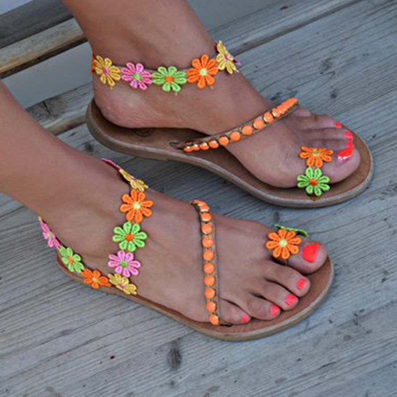 Kvinner Bohemian Blomstrete Decoration Bead Slip On Clip Toe Sommer Beach Flat Sandaler