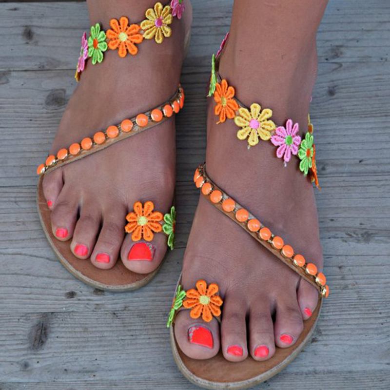 Kvinner Bohemian Blomstrete Decoration Bead Slip On Clip Toe Sommer Beach Flat Sandaler