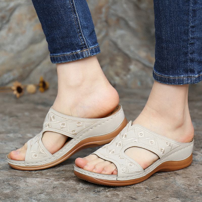 Kvinner Broderi Åpen Toe Fritids Slip On Sommer Wedge Sandaler