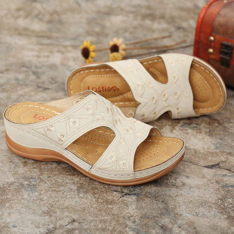 Kvinner Broderi Åpen Toe Fritids Slip On Sommer Wedge Sandaler