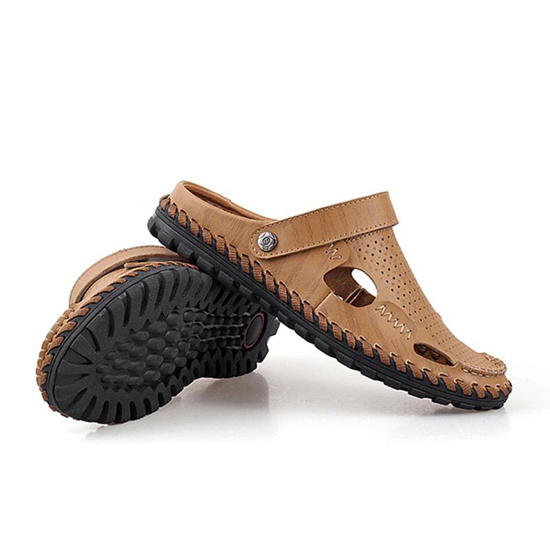 Menn Sommer Skinn Sandal Uformell Rund Tå Utendørs Flat Mote Soft Beach Slipper