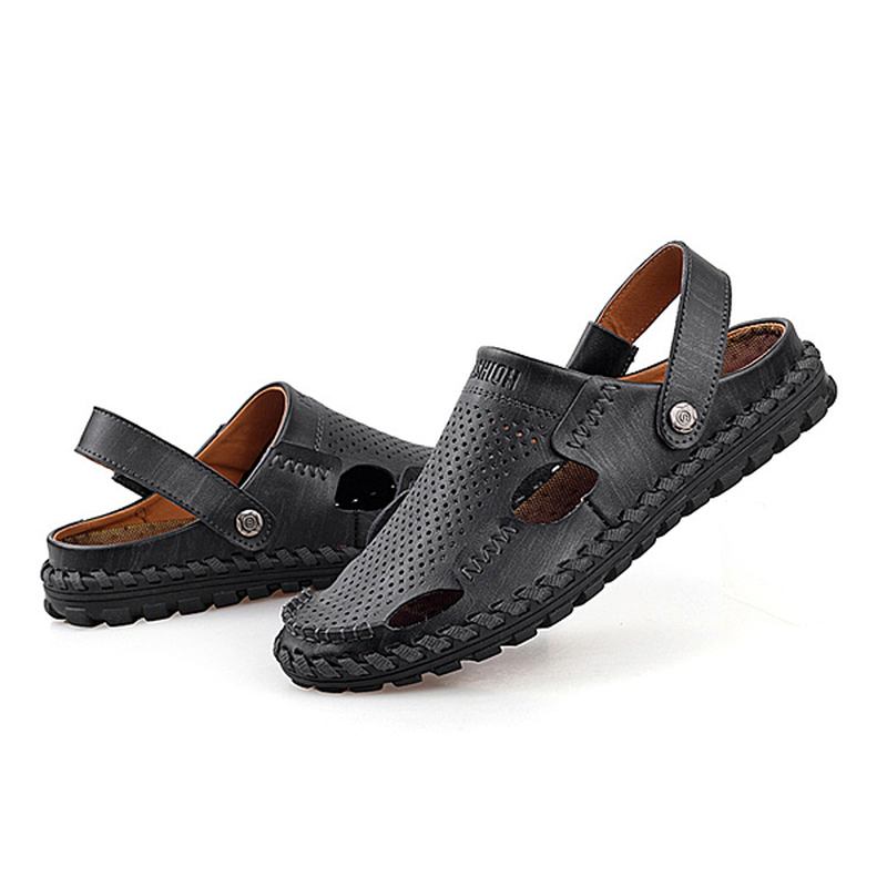 Menn Sommer Skinn Sandal Uformell Rund Tå Utendørs Flat Mote Soft Beach Slipper