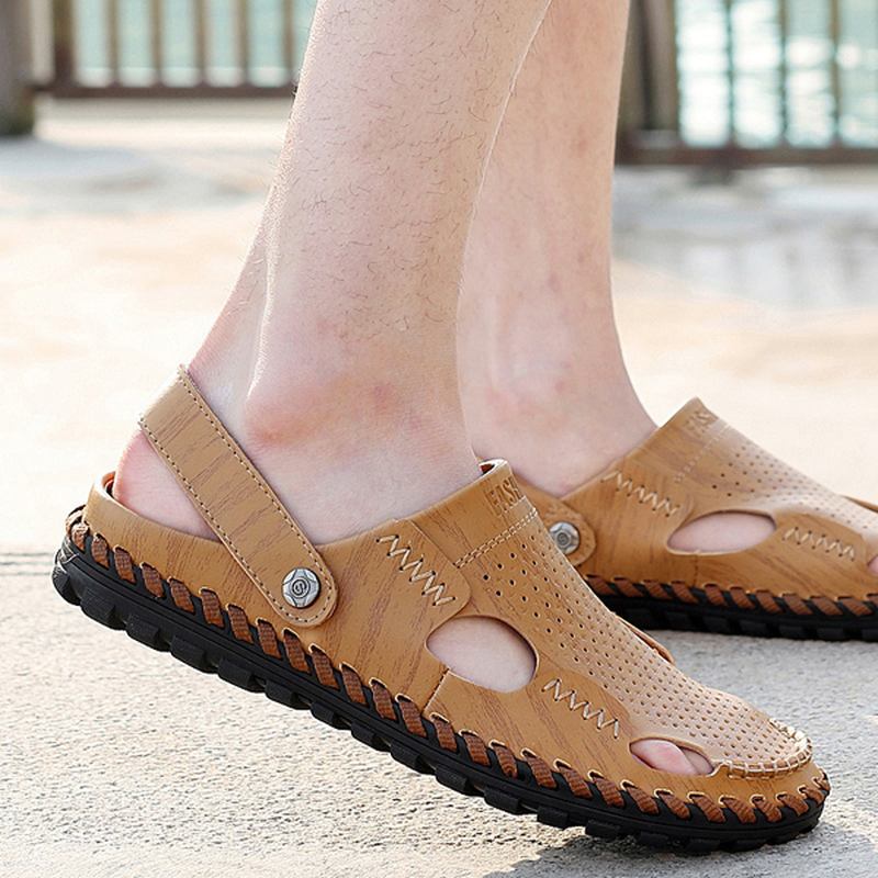 Menn Sommer Skinn Sandal Uformell Rund Tå Utendørs Flat Mote Soft Beach Slipper