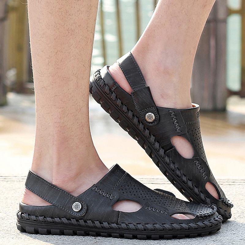 Menn Sommer Skinn Sandal Uformell Rund Tå Utendørs Flat Mote Soft Beach Slipper