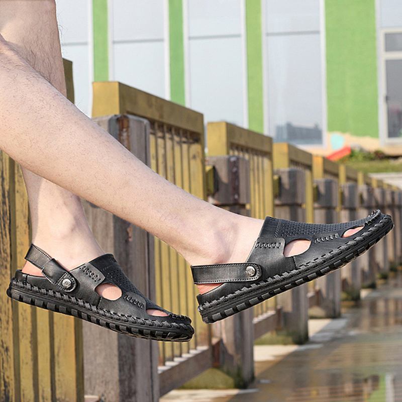 Menn Sommer Skinn Sandal Uformell Rund Tå Utendørs Flat Mote Soft Beach Slipper