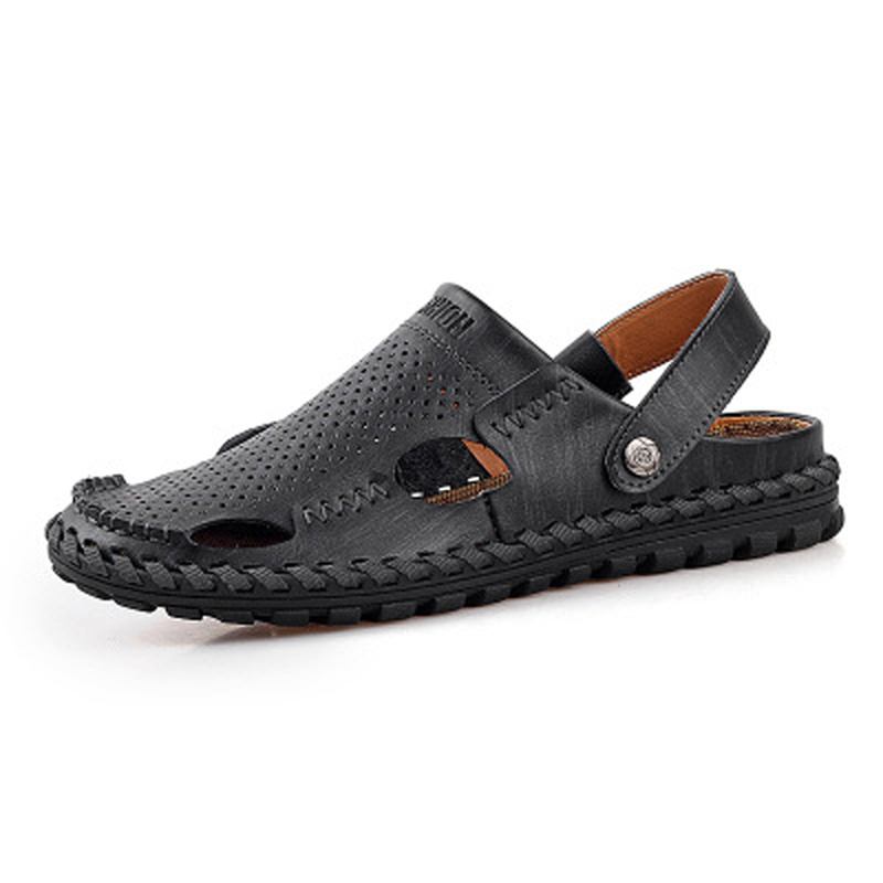 Menn Sommer Skinn Sandal Uformell Rund Tå Utendørs Flat Mote Soft Beach Slipper