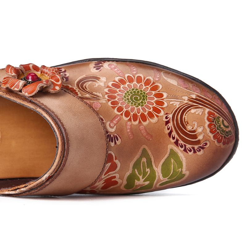 Retro Blomsterpreget Mønster I Ekte Skinn Super Slip-on-sko