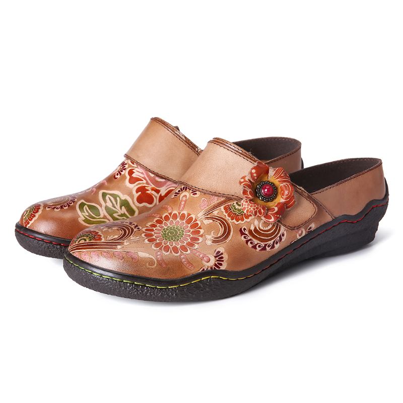 Retro Blomsterpreget Mønster I Ekte Skinn Super Slip-on-sko