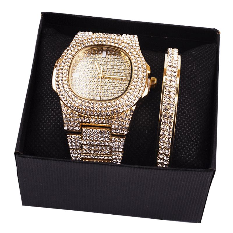 2 Stk/sett Luksus Mote Dame Armbåndsur Sett Bling Innlagt Rhinestone Kvarts Klokke Smykker Gave