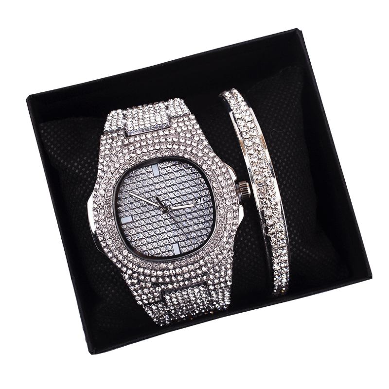 2 Stk/sett Luksus Mote Dame Armbåndsur Sett Bling Innlagt Rhinestone Kvarts Klokke Smykker Gave