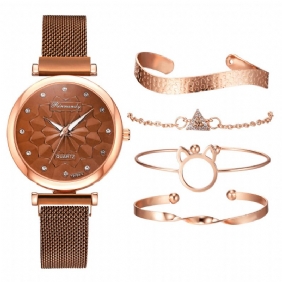 5 Stk Kombinasjon Dame Armbånd Watch Set Blomstrete Dial Mesh Steel Band Quartz Watch