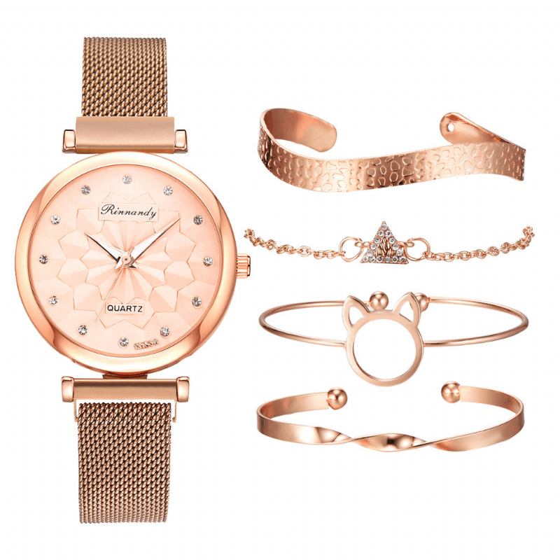 5 Stk Kombinasjon Dame Armbånd Watch Set Blomstrete Dial Mesh Steel Band Quartz Watch