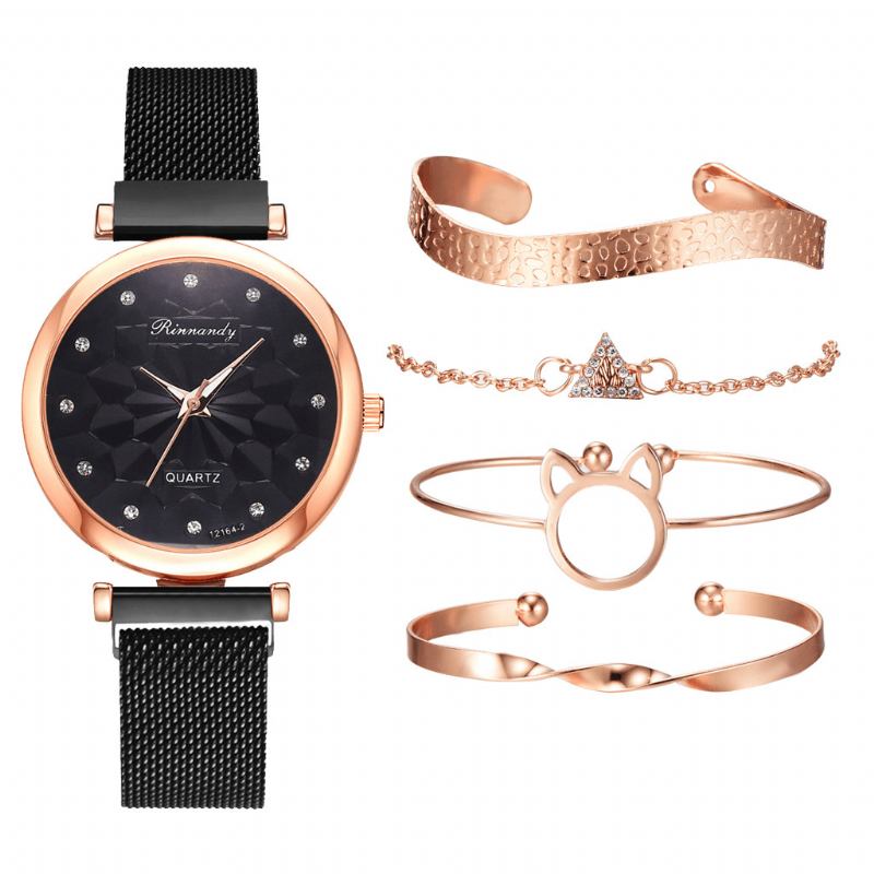 5 Stk Kombinasjon Dame Armbånd Watch Set Blomstrete Dial Mesh Steel Band Quartz Watch