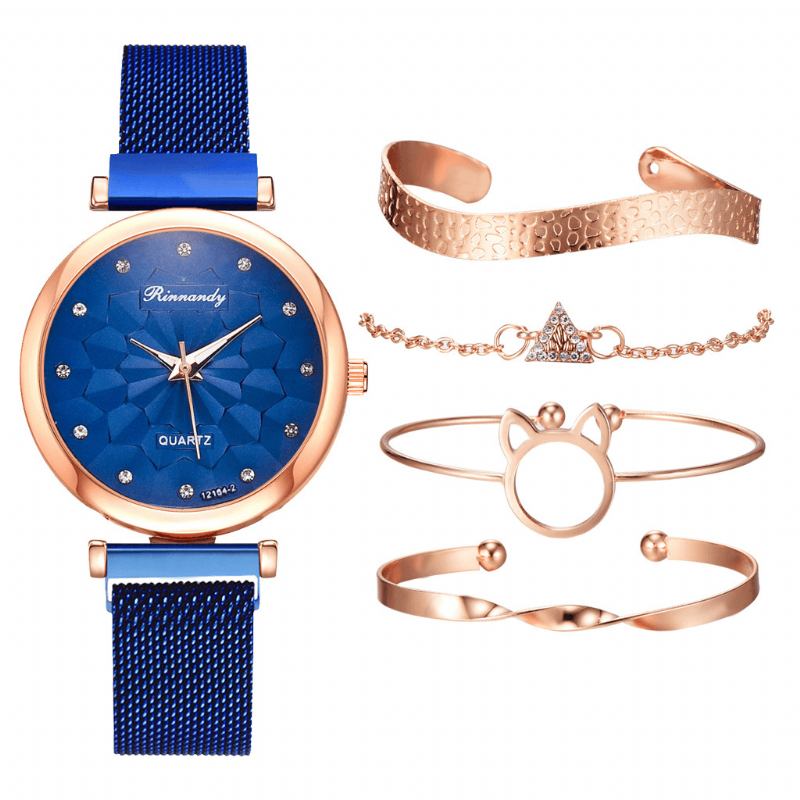 5 Stk Kombinasjon Dame Armbånd Watch Set Blomstrete Dial Mesh Steel Band Quartz Watch