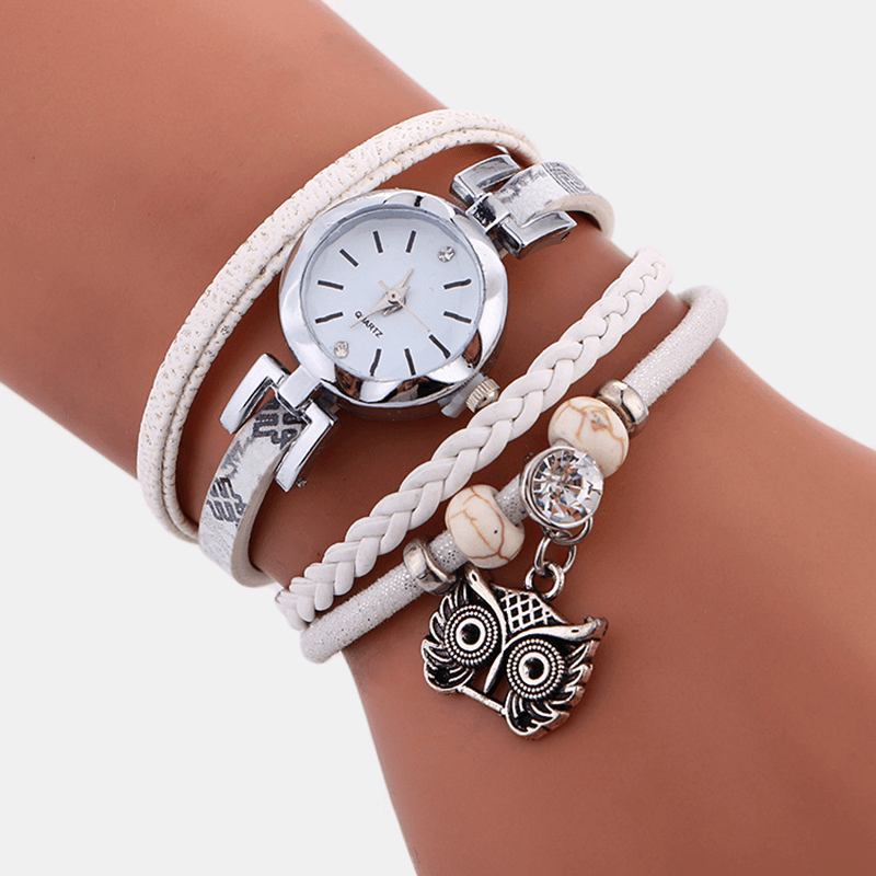 Bohemian Cute Owl Leather Armbåndsklokke Etnisk Metall Rhinestone Flerlags Armbåndsur