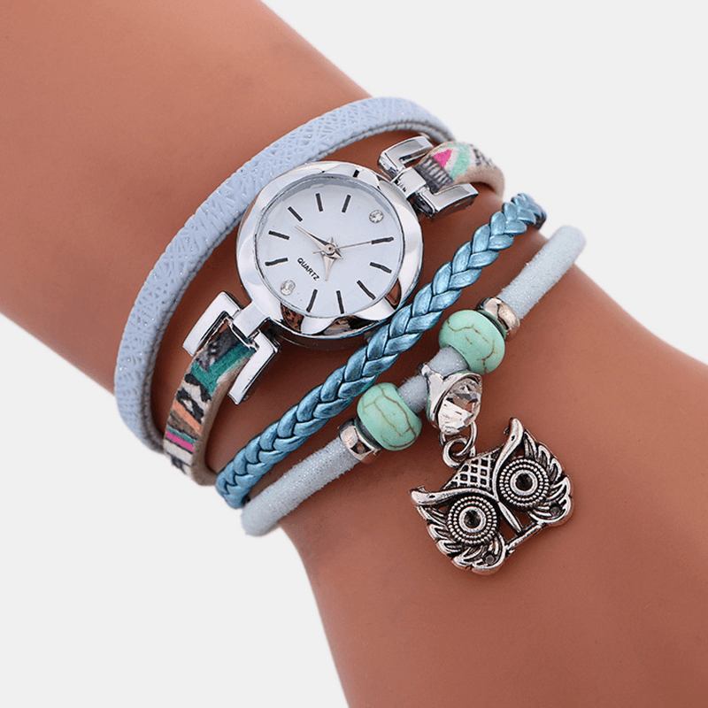 Bohemian Cute Owl Leather Armbåndsklokke Etnisk Metall Rhinestone Flerlags Armbåndsur