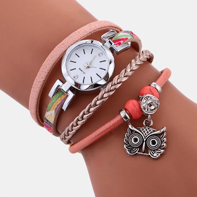 Bohemian Cute Owl Leather Armbåndsklokke Etnisk Metall Rhinestone Flerlags Armbåndsur