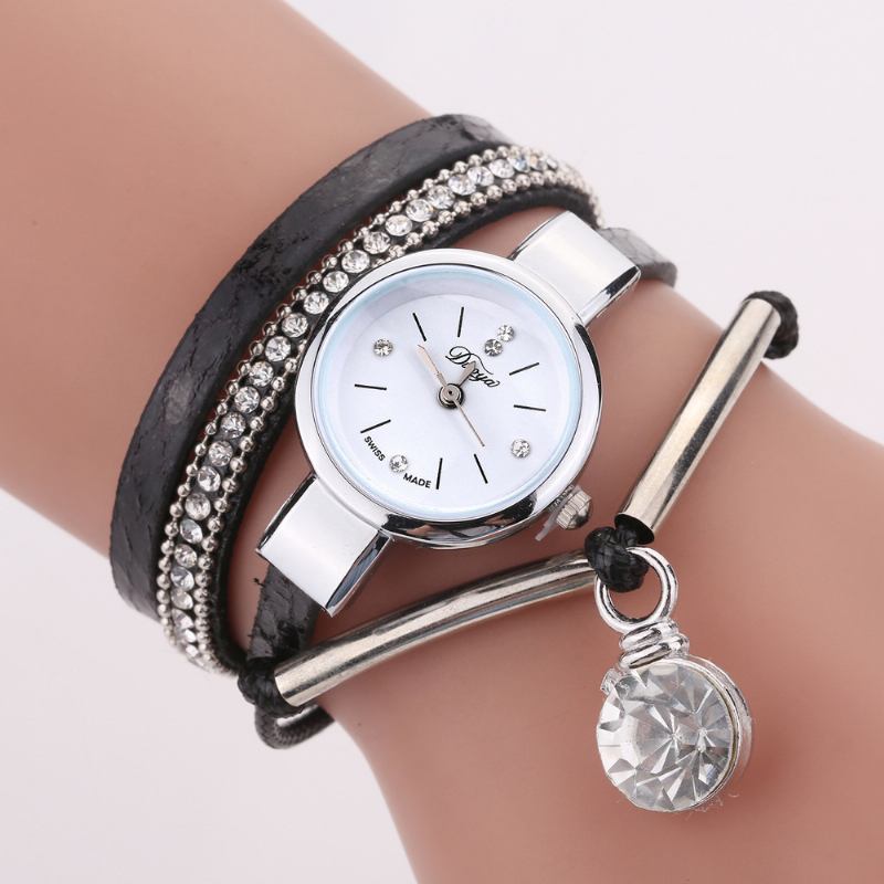 Crystal Anheng Kvinner Armbånd Watch Retro Stil Lærreim Quartz Watch