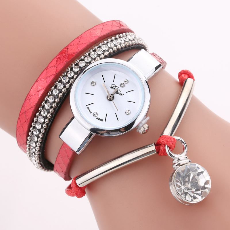 Crystal Anheng Kvinner Armbånd Watch Retro Stil Lærreim Quartz Watch