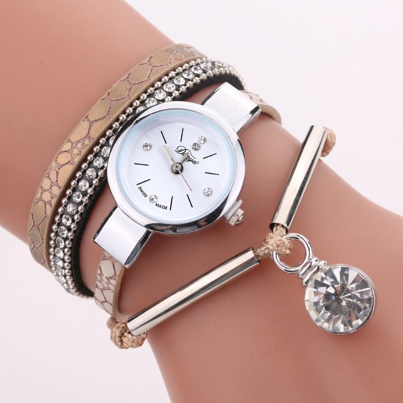 Crystal Anheng Kvinner Armbånd Watch Retro Stil Lærreim Quartz Watch