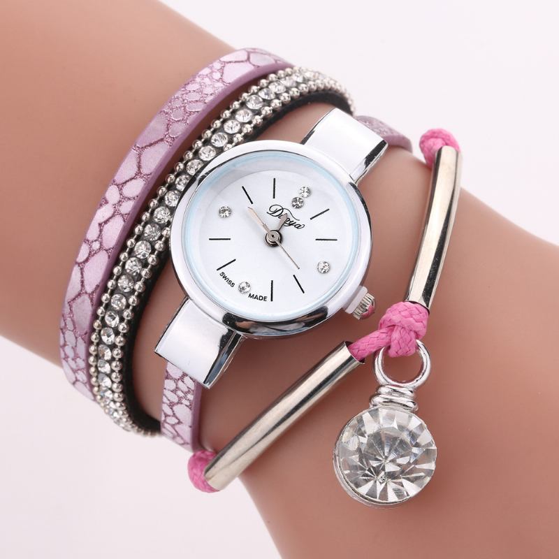 Crystal Anheng Kvinner Armbånd Watch Retro Stil Lærreim Quartz Watch