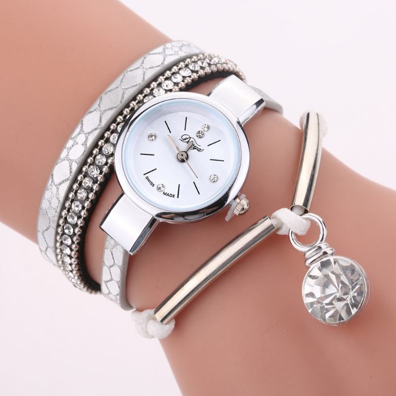 Crystal Anheng Kvinner Armbånd Watch Retro Stil Lærreim Quartz Watch