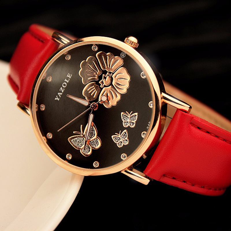 Crystal Elegant Design Dame Armbåndsur Leather Band Quartz Watch