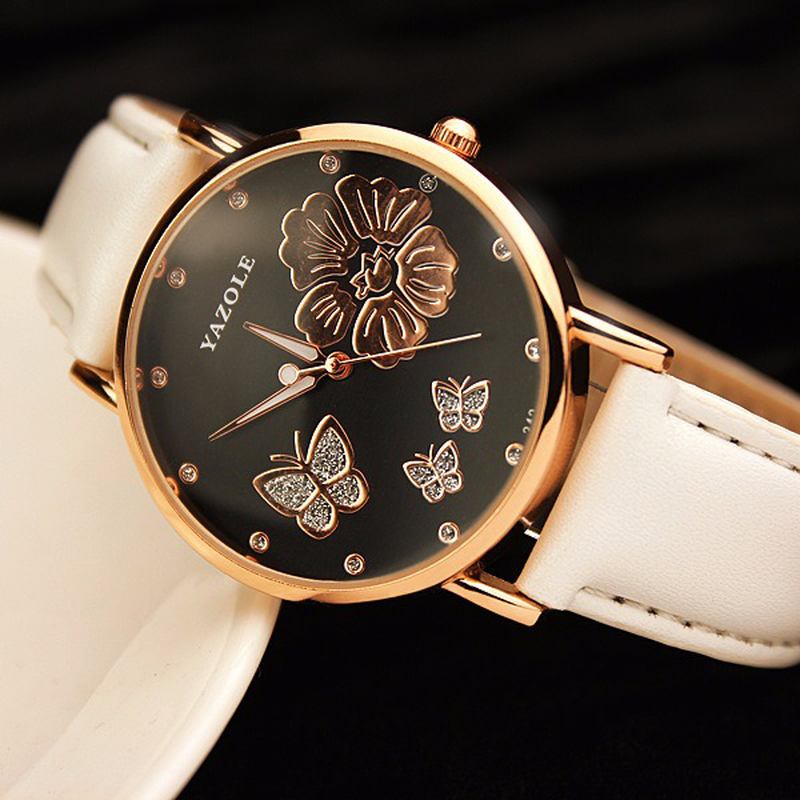 Crystal Elegant Design Dame Armbåndsur Leather Band Quartz Watch