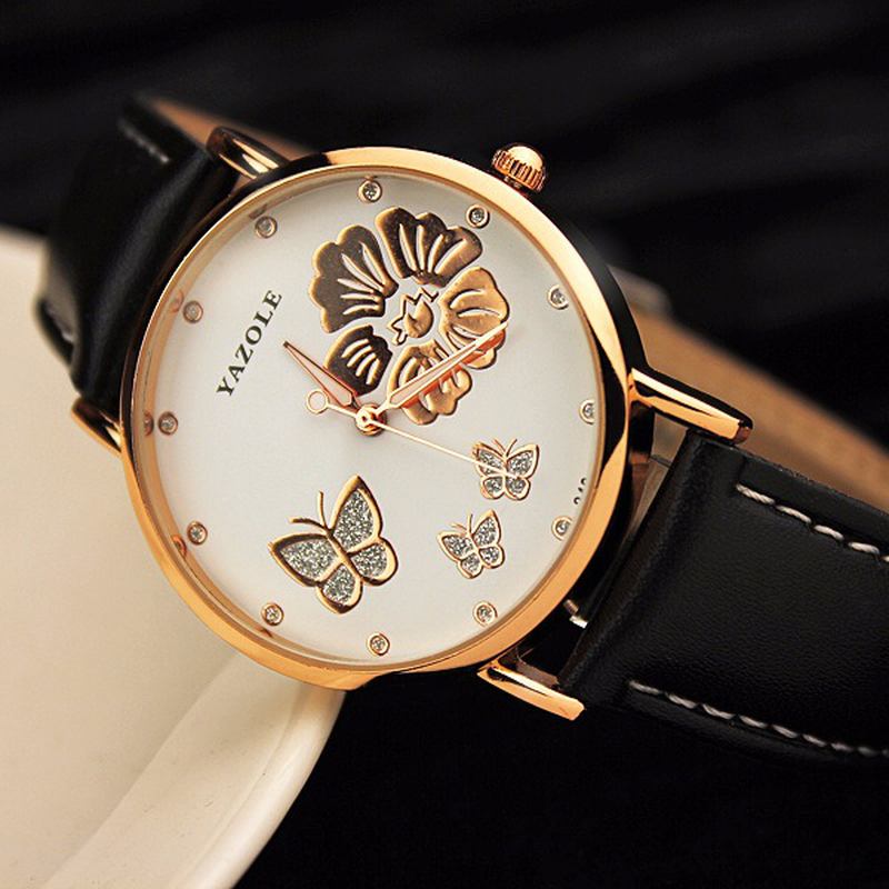 Crystal Elegant Design Dame Armbåndsur Leather Band Quartz Watch