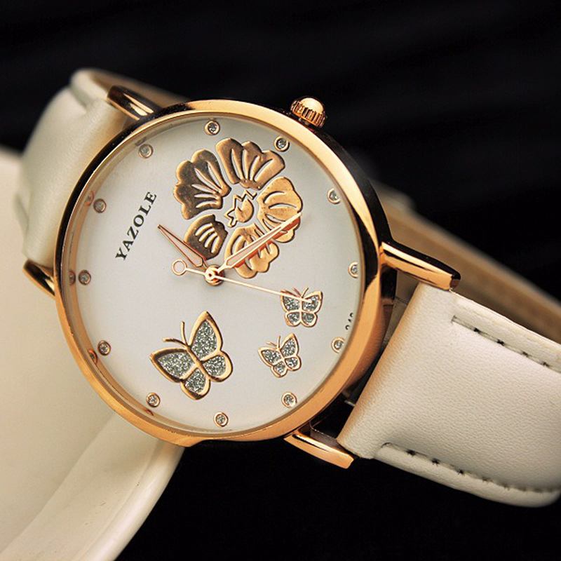 Crystal Elegant Design Dame Armbåndsur Leather Band Quartz Watch